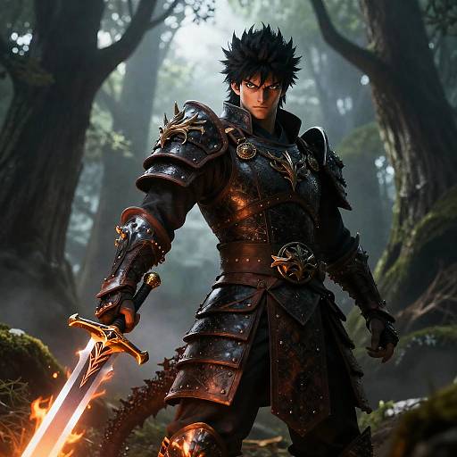 Digital artwork of a fierce, black-haired warrior in dark, ornate armor, holding a flaming sword in a misty, dense forest.