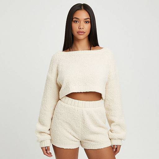 Photograph of a young woman with straight black hair, medium-brown skin, and full lips, wearing a white, textured, off-shoulder