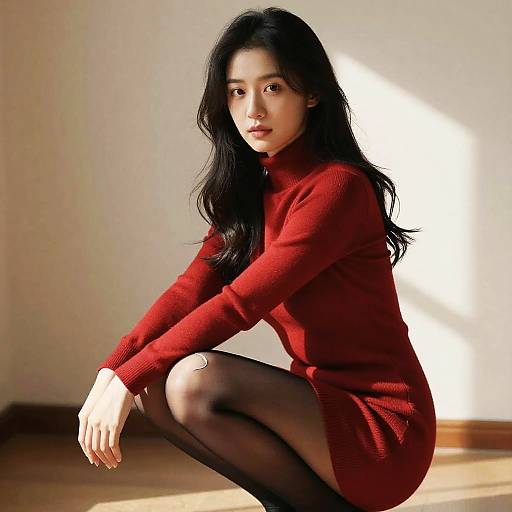 Photograph of an East Asian woman with long black hair, wearing a red turtleneck sweater and black sheer tights, squatting in a sun