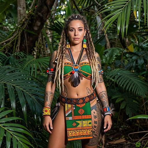 Photograph of a woman with dreadlocks in a colorful, tribal-inspired jungle outfit, adorned with beads and intricate patterns, standing amidst lush green foliage.