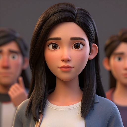 CGI digital art of a young Asian woman with large brown eyes, straight black hair, wearing a blue jacket over a white shirt, with blurred figures