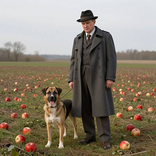 Photograph of a middle-aged man in a dark gray coat, hat, and tie, standing in an apple orchard, holding a large German Shepherd