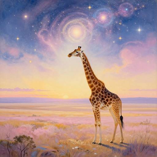 Digital artwork of a tall giraffe standing on a pink-hued savanna under a vibrant, starry night sky with glowing galaxies.