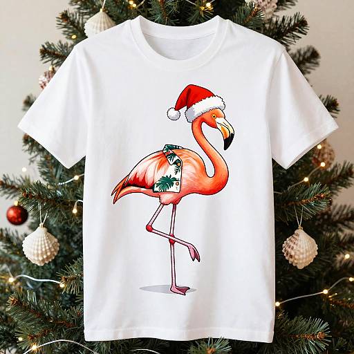 White T-shirt with colorful digital illustration of a flamingo wearing a Santa hat and holly, displayed on a decorated Christmas tree.