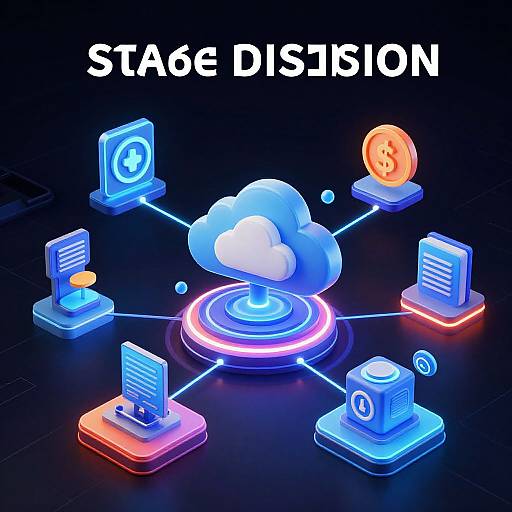 Neon digital illustration: Cloud icon at center, connected to five glowing blue and orange devices with lines, against dark background. 