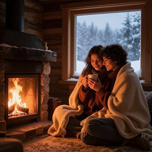 Photograph of a dark-haired couple sitting by a roaring fireplace, wrapped in blankets, sipping coffee, with a snowy window background.