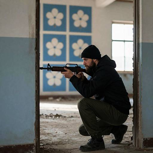 Crouching Marksman in Abandoned Building