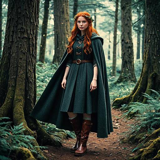 Redhead Woman in Woolen Cloak in Ancient Forest