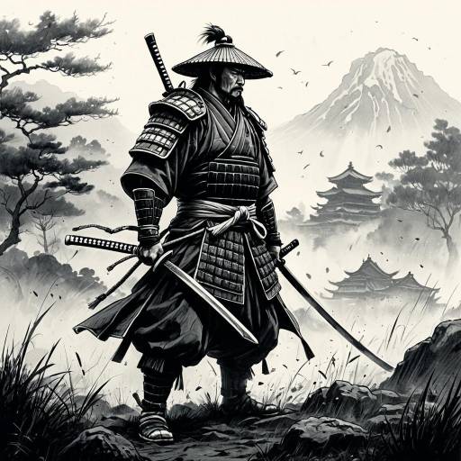 Ancient Samurai Standing on Misty Battlefield