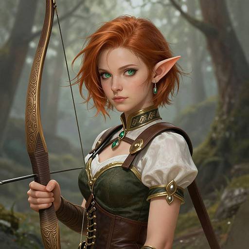 Digital artwork of a red-haired elf with green eyes, pointed ears, wearing a white blouse and green corset, holding an ornate bow in a