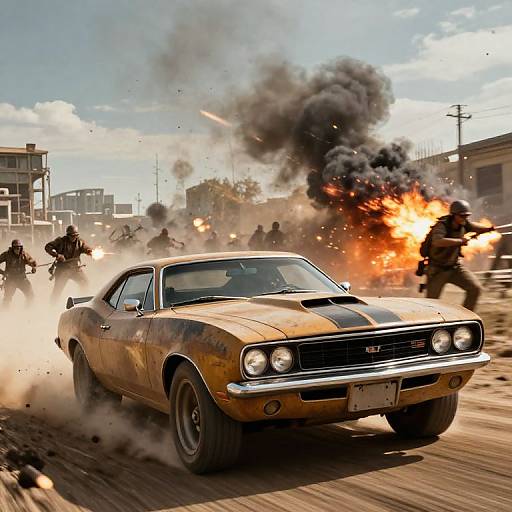 Photograph-style digital art: Yellow 1970s muscle car speeds through chaotic urban street battle, surrounded by smoke, flames, and armed soldiers.