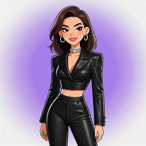 Digital anime-style drawing of a confident woman with shoulder-length brown hair, wearing a black leather crop jacket and pants, silver choker, and hoop earrings