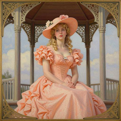 Digital painting of a blonde woman in a pink, ruffled Victorian dress and wide-brimmed hat, seated in an ornate gazebo.