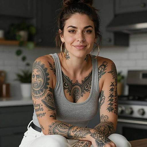 Heavily Tattooed Woman in Kitchen