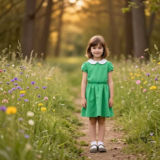 Photograph of a smiling young girl in a green dress with white collar, standing on a path lined with colorful wildflowers in a sunlit forest.