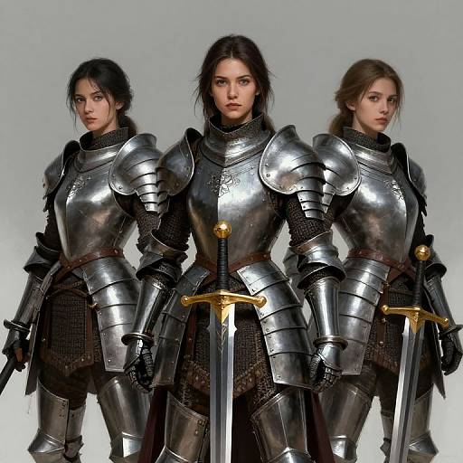 Photograph of three women in medieval-style silver armor, standing in a row, each holding a sword with a golden hilt.