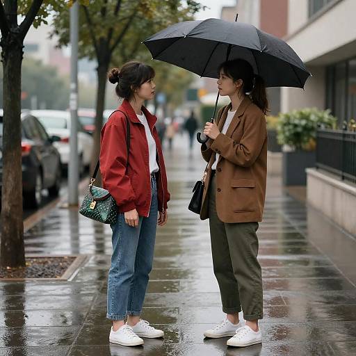 Two women standing with umbrella on rainy city sidewalk