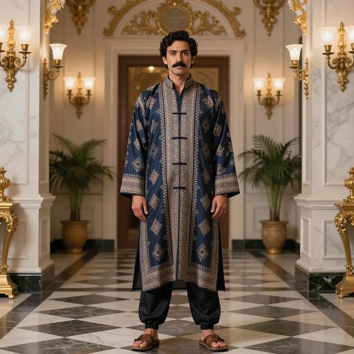 Man in Traditional Blue and Beige Robe in Ornate Hallway