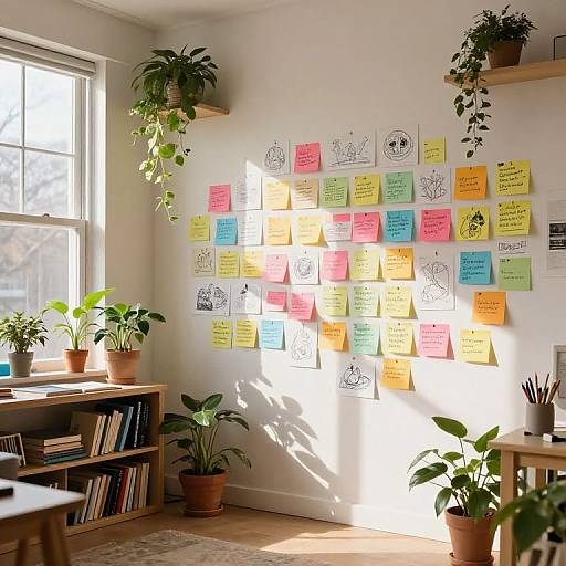 Bright, sunlit room with colorful sticky notes, minimalist line drawings, and potted plants on a white wall and shelves.
