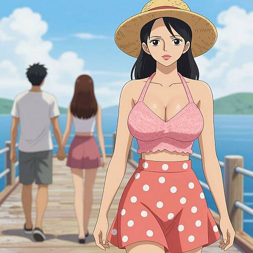 Digital anime-style drawing of a curvy woman in a pink polka-dot halter top and skirt, straw hat, standing on a wooden pier with
