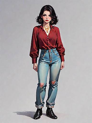 Stylish Woman in Maroon Blouse and Ripped Jeans
