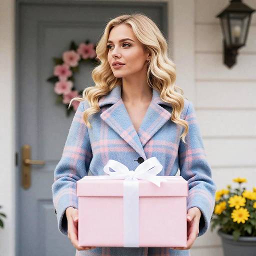 Charming Woman with Gift by Grey Door