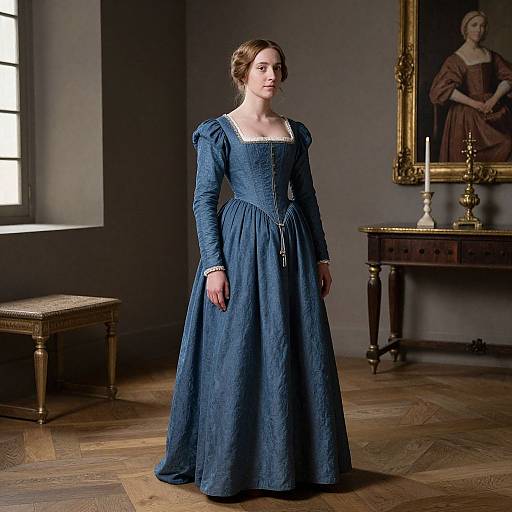 Photograph of a young woman in a blue, long-sleeved, 18th-century-style dress, standing in a dimly lit, elegant