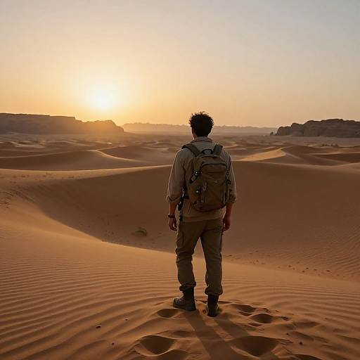 Photograph of a lone man with curly hair, backpack, and hiking boots, standing in a vast, rippled desert at sunset.