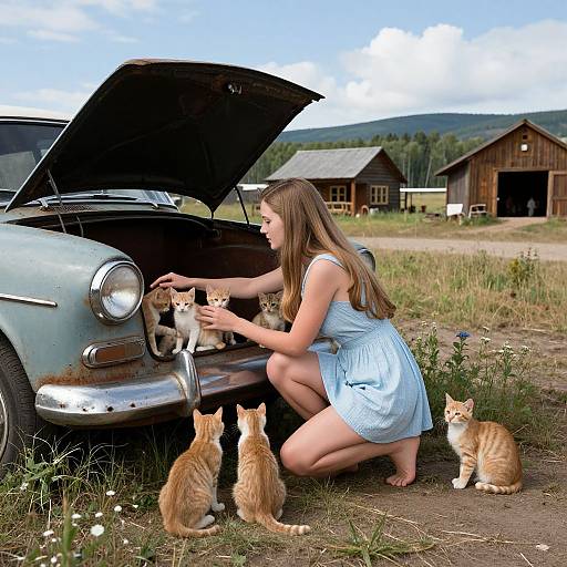 Photograph of a young woman in a blue dress crouching beside a vintage car with an open hood, interacting with six orange tabby kittens in