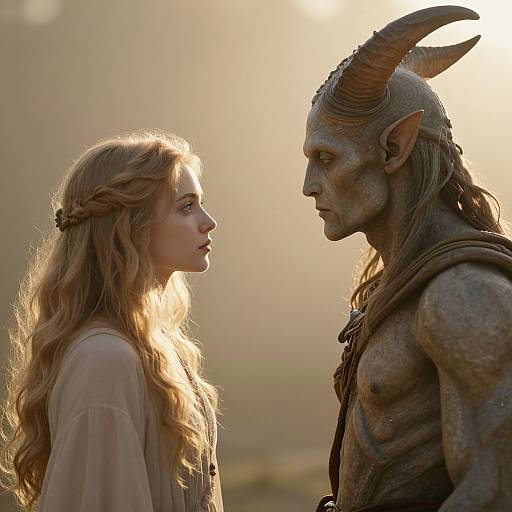 Photograph of a young blonde woman in a sheer dress facing a muscular, horned, grey-skinned goblin-like creature with pointed ears, in