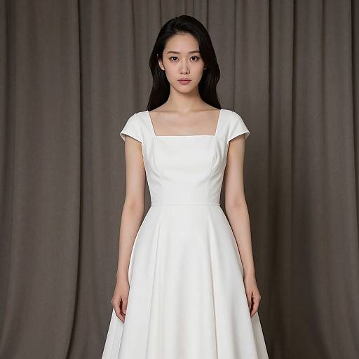 Photograph of an East Asian woman with long black hair, wearing a simple white, short-sleeved, square-neck, A-line dress, standing