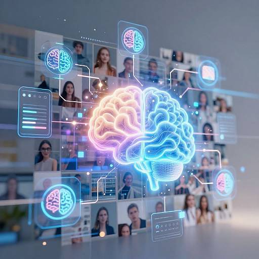 Digital illustration of a glowing, split brain with blue and orange neon hues, connected to multiple holographic headshots and brain icons.
