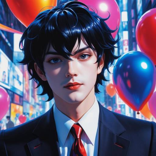 Young man in suit with balloons in city