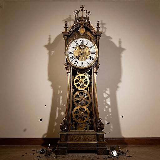 Photograph of an ornate, vintage clock with exposed gears, casting intricate shadows on a plain white wall, with scattered debris at its base.