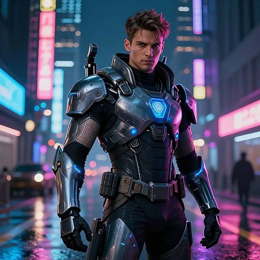 Photorealistic CGI of a muscular man in futuristic, metallic armor with blue glow, standing in a neon-lit, rainy city street.