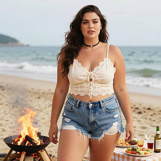 Photograph of a curvy woman with long brown hair, wearing a white lace crop top and distressed denim shorts, standing by a beach bonfire with