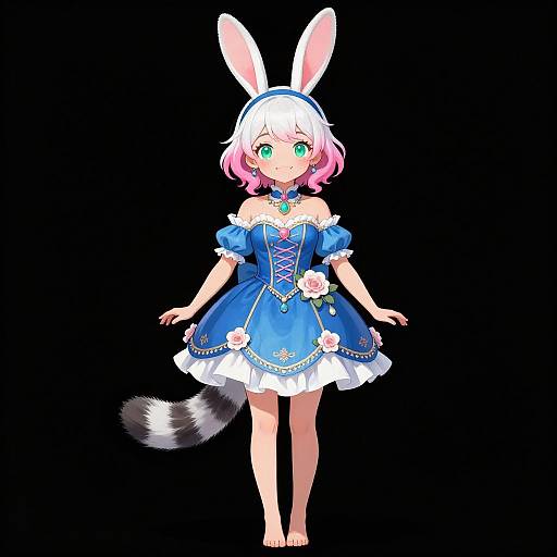Digital anime-style drawing of a cute girl with white bunny ears, pink and white hair, green eyes, blue dress, white frills, and a