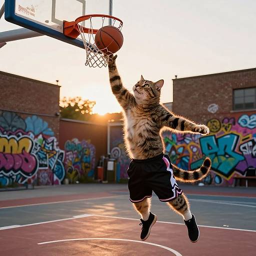 Cat Dunking Basketball at Sunset
