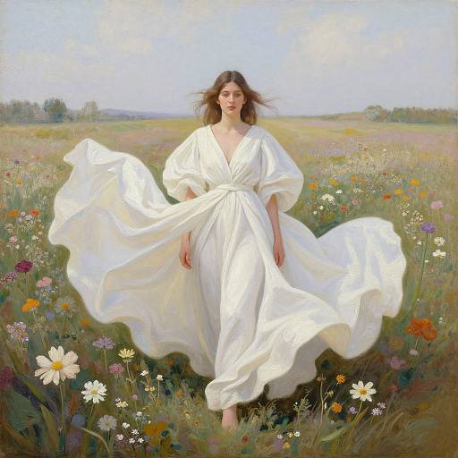 Digital painting of a fair-skinned woman with brown hair, wearing a flowing white dress, standing in a vibrant, sunlit meadow filled with colorful