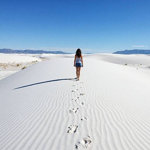 Photograph of a woman with dark hair, wearing a blue tank top and shorts, walking alone in a vast, white sand desert under a clear,