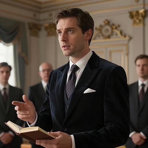 Elegant Man in Velvet Suit and Book