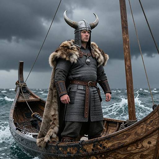 Viking Warrior on Stormy Longship