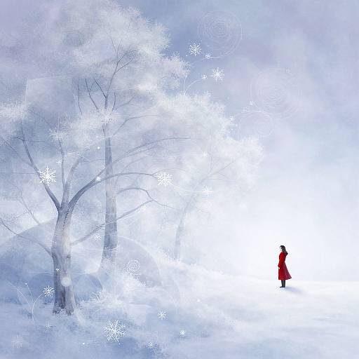 Digital artwork of a lone figure in a red coat standing beside a snow-covered, leafless tree, surrounded by white, glowing snowflakes.