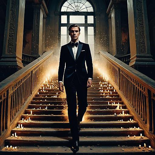 Male Model in Velvet Suit on Candlelit Grand Staircase