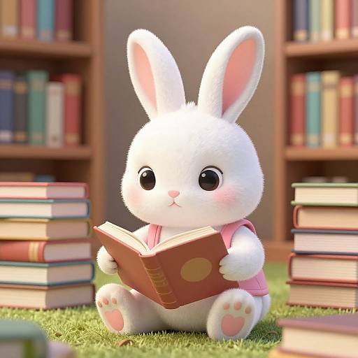 Cozy Bunny Reading in Library
