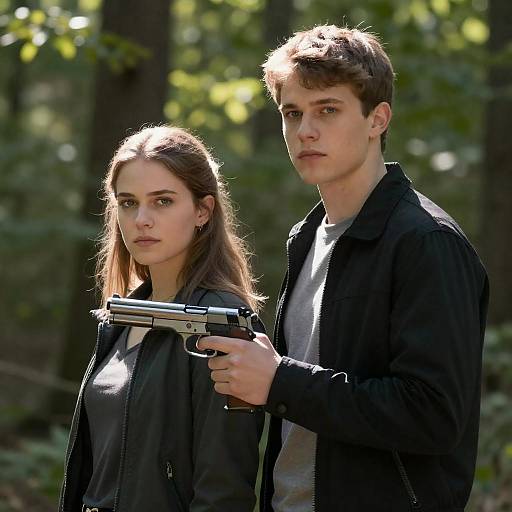 Sunlit Forest Couple Holding Gun