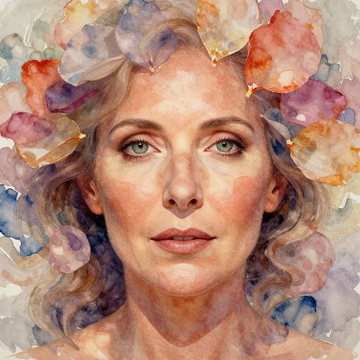 Watercolor portrait of a fair-skinned woman with green eyes, wearing a colorful flower crown, featuring soft, wavy blonde hair.