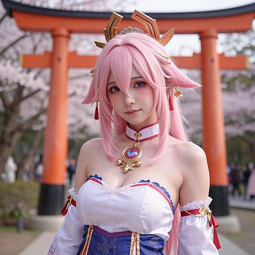 Photograph of a young woman in pink cosplay with white and blue outfit, gold crown, and red choker, standing in front of a traditional Japanese