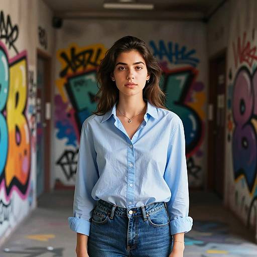 Young Woman in Blue Shirt with Graffiti Background