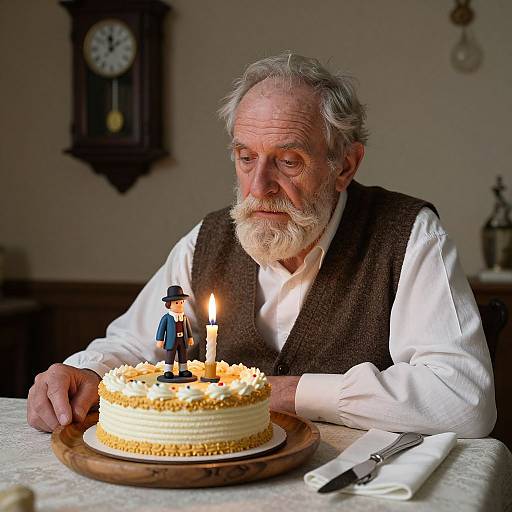 Elderly Man Contemplating Vintage Cake